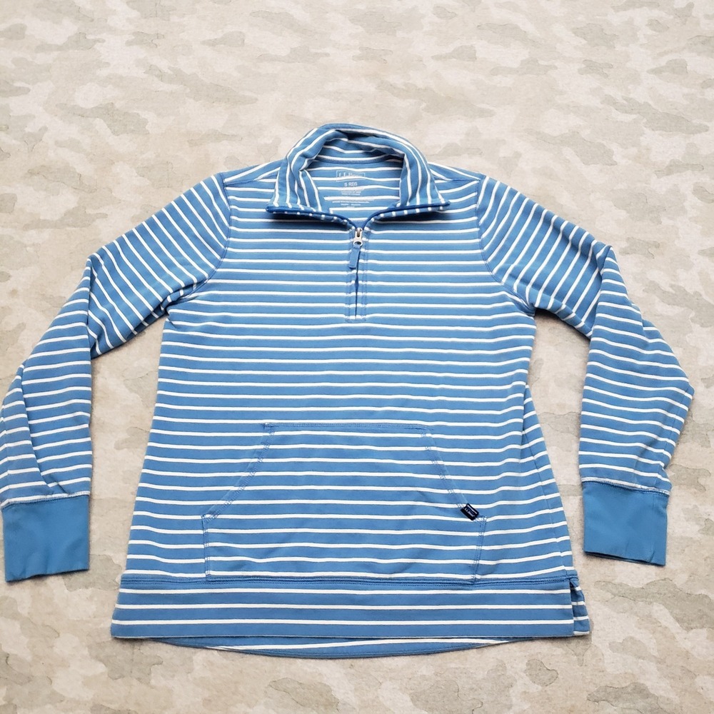 L.L. Bean Sweatshirt Womens Small Blue Pockets‎ Quarter Zip Striped